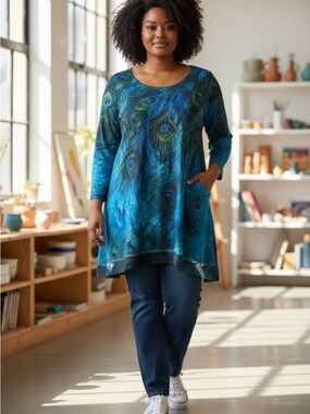 Indigo Soul XL Peacock Feather Tunic Top